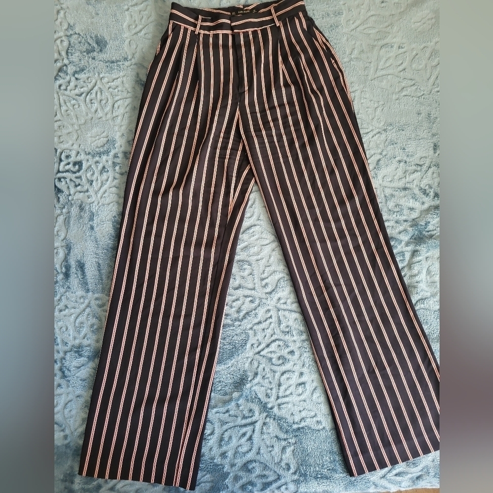 Zara Basic-Navy Blue, Red & White Striped Thin Polyester Dress Pants- Size M/28